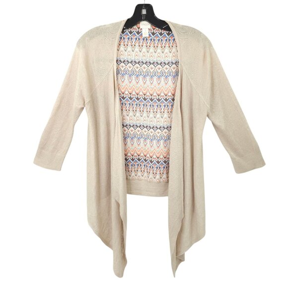 Chicos Open Front Cardigan Womens Size 1 US M/8 Sweater Tan Geometric Back - Picture 1 of 16